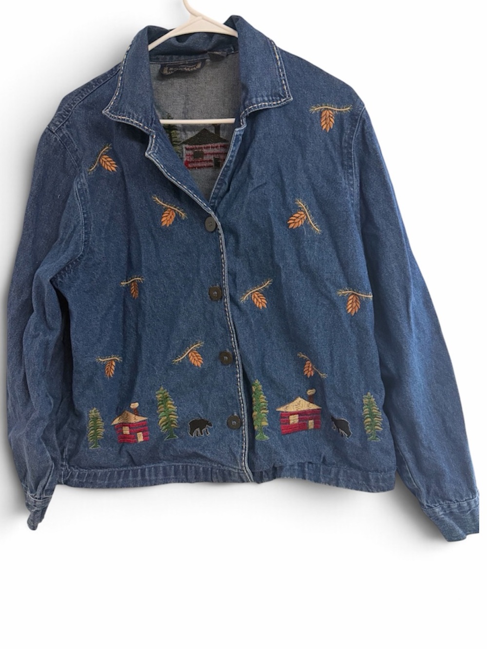 Vintage New Directions Women’s Blue Embroidered Cabin and Bears Denim Jacket- XL